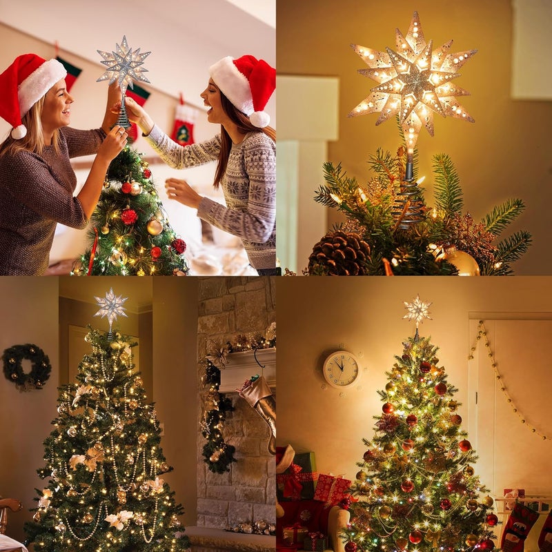 ODEETRONIC Silver Glittered Snowflake Tree Topper, 8 in 3D Christmas Tree Star Topper with 25 Clear Lights, 120V UL Certified Snowflake Tree Toppers, Warm Silver Tree Toppers for Xmas Tree Party Decor - Image 3