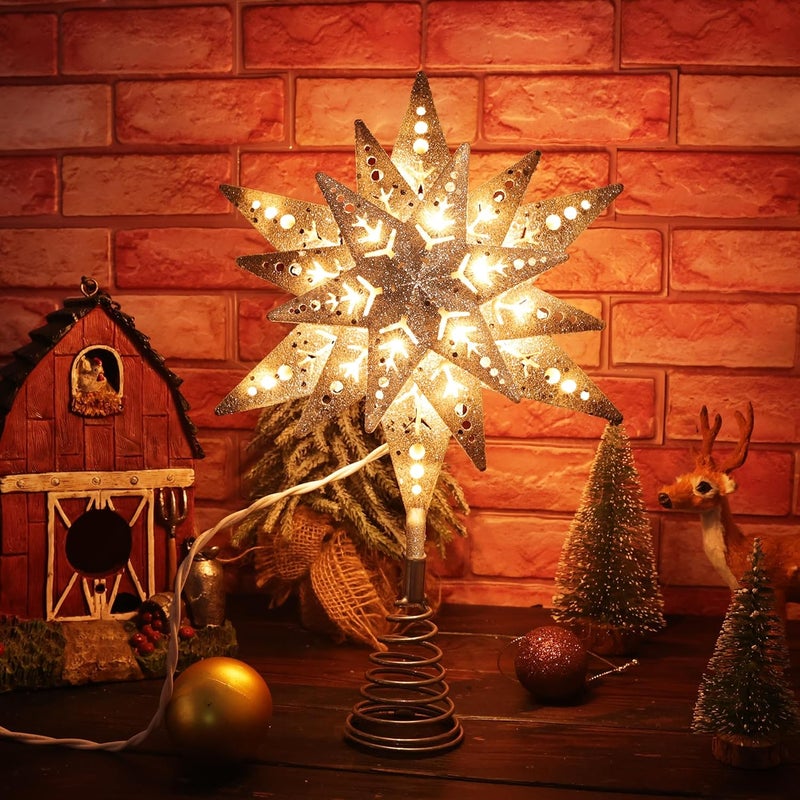 ODEETRONIC Silver Glittered Snowflake Tree Topper, 8 in 3D Christmas Tree Star Topper with 25 Clear Lights, 120V UL Certified Snowflake Tree Toppers, Warm Silver Tree Toppers for Xmas Tree Party Decor - Image 2