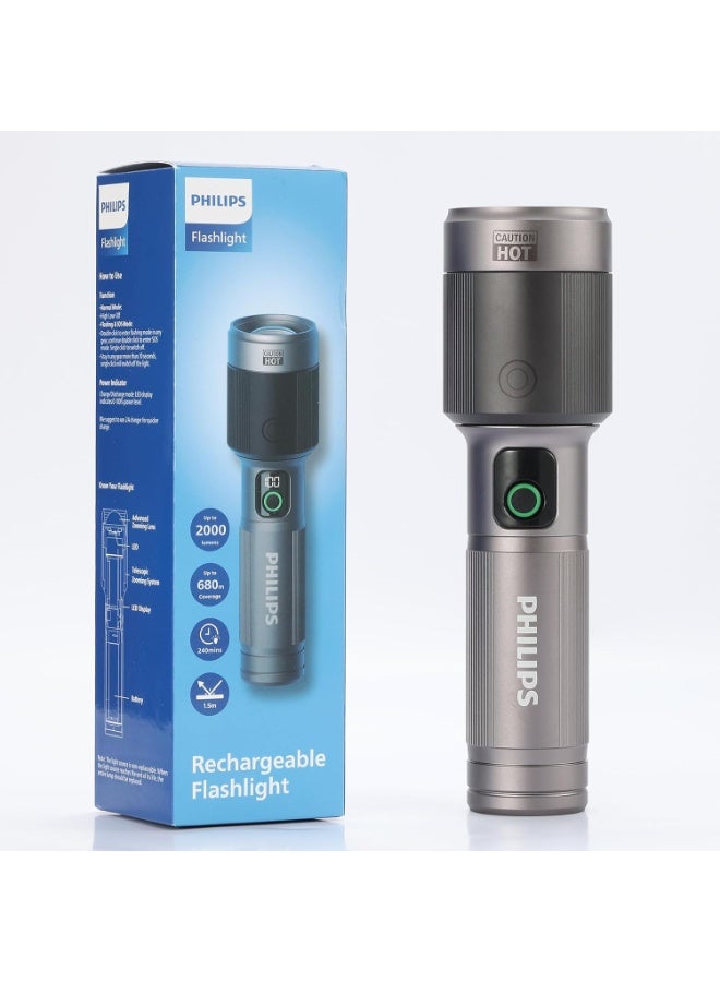 Philips 60W High Power LED Torch Light | 2000 Lumens Brightness | 680M Long-Range Beam | 4500mAh Rechargeable Battery | Telescopic Zoom | 4 Lighting Modes (High, Low, Strobe, SOS) | Alloy Body | Water & Drop Resistant Flashlight for Indoor, Camping, Exploration & Emergency grey - Image 1