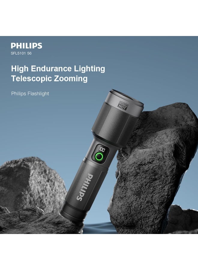 Philips 60W High Power LED Torch Light | 2000 Lumens Brightness | 680M Long-Range Beam | 4500mAh Rechargeable Battery | Telescopic Zoom | 4 Lighting Modes (High, Low, Strobe, SOS) | Alloy Body | Water & Drop Resistant Flashlight for Indoor, Camping, Exploration & Emergency grey - Image 2