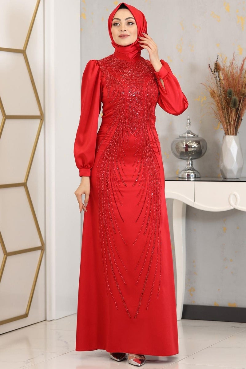 Esilanur Masal Hijab Evening Dress Red  - Image 1
