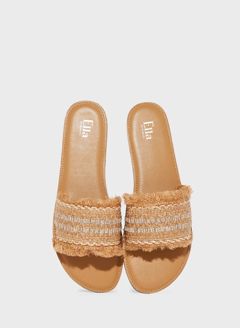 ELLA Frayed Edge Diamante Raffia Flat Sandal