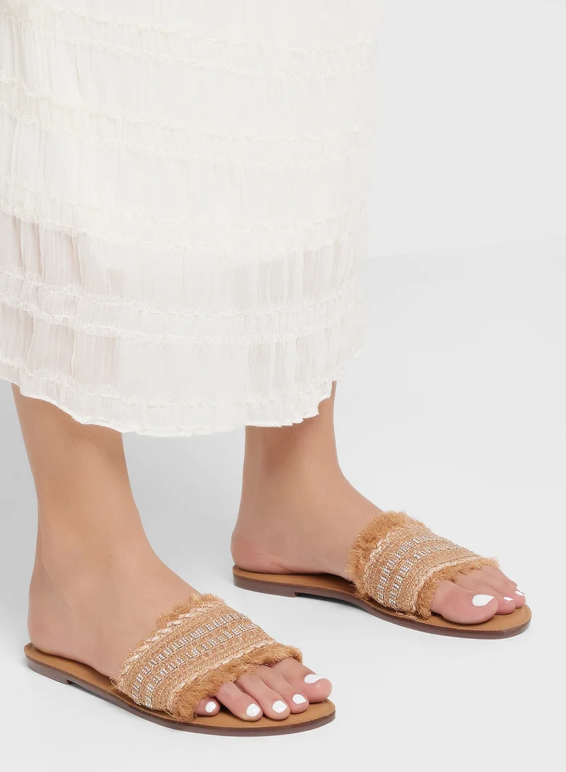 ELLA Frayed Edge Diamante Raffia Flat Sandal