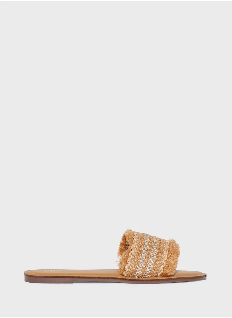 ELLA Frayed Edge Diamante Raffia Flat Sandal