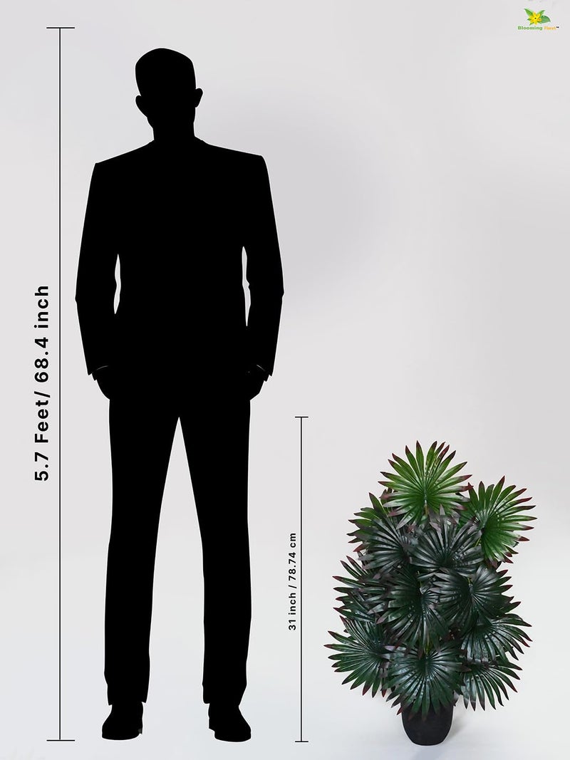 Blooming Floret Polyester Artificial Fan Palm 78.7 cm Tall | Basic Black Pot | 18 Leaves | Indoor Green Plant | Big Ornamental for Interior/Home/Office Decor | Durable - Image 3