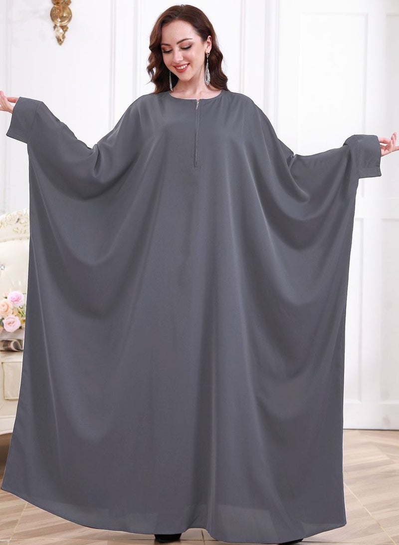 إسكدنيا Women's Casual Solid Color Long Sleeves Abaya Full Length Batwing Sleeves Dress Liturgical Clothes Muslim Dark Grey 