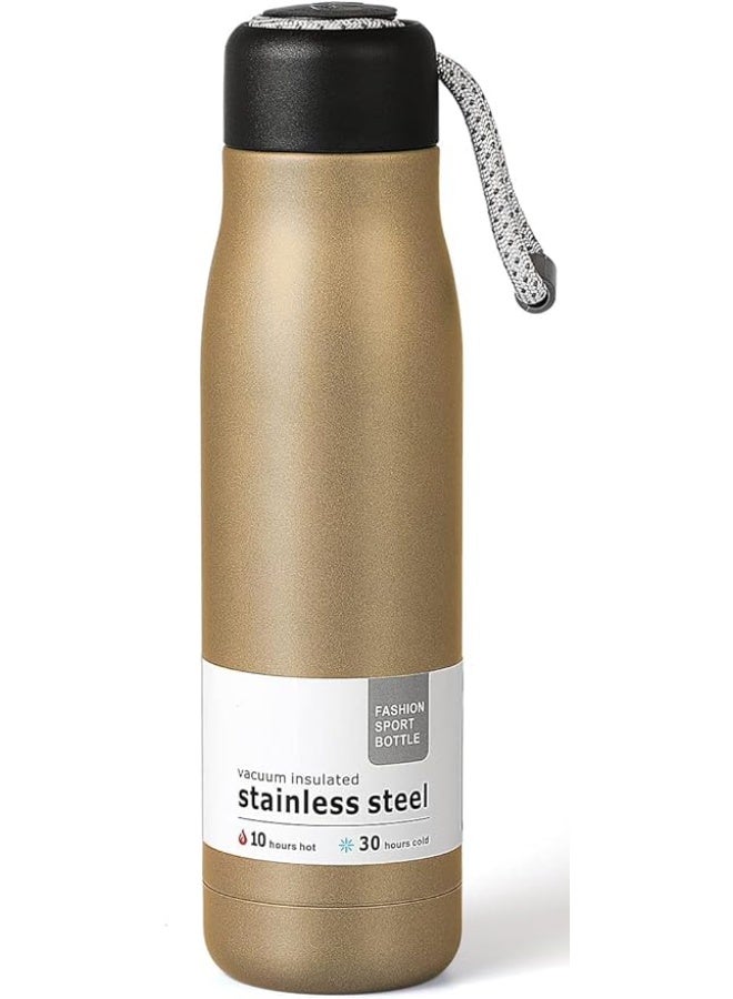 ترمس حراري للمياه الساخنة والباردة مع غطاء مصنوع من الفولاذ المقاوم للصدأ وقابل لإعادة الاستخدام ومانع للتسرب وخال من مادة البيسفينول أ وسهل الحمل، 550 مل، (لون ذهبي) - Image 1