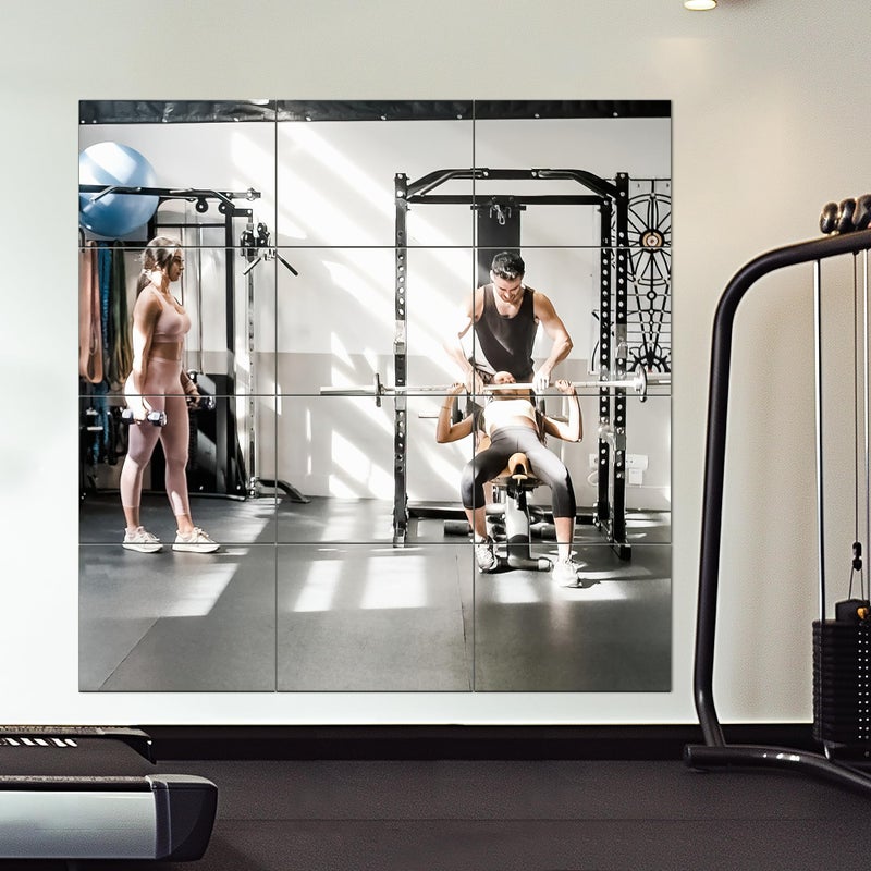 Home Gym Mirror Tiles  Large Square Mirrors Glass 16x12  12PCS for Home Gym Garage Bedroom Bathroom