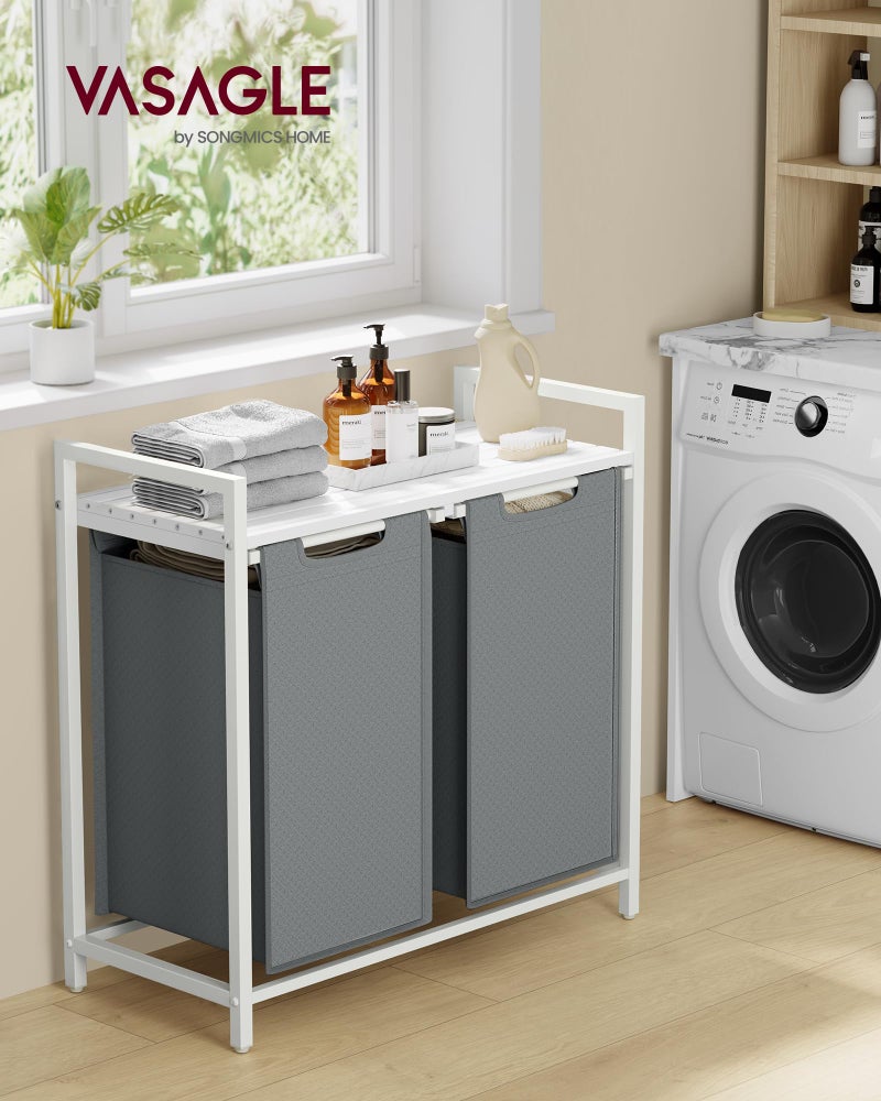 VASAGLE Laundry Hamper, Laundry Basket, Laundry Sorter with 2 Pull-Out and Removable Bags, Shelf, Metal Frame, 2 x 12.1 Gallons (46 L), 28.8 x 13 x 28.4 Inches, Slate Gray and Cloud White UBLH201W11 - Image 2