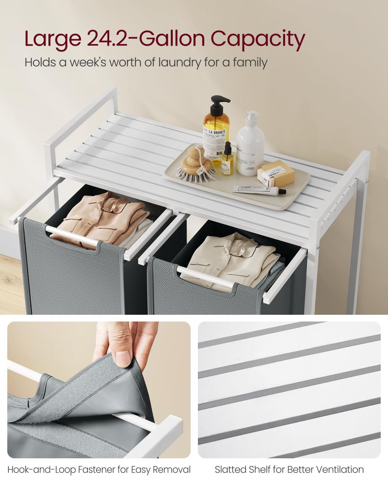 VASAGLE Laundry Hamper, Laundry Basket, Laundry Sorter with 2 Pull-Out and Removable Bags, Shelf, Metal Frame, 2 x 12.1 Gallons (46 L), 28.8 x 13 x 28.4 Inches, Slate Gray and Cloud White UBLH201W11 - Image 4
