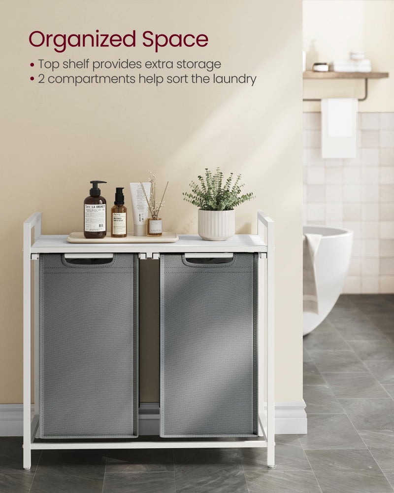 VASAGLE Laundry Hamper, Laundry Basket, Laundry Sorter with 2 Pull-Out and Removable Bags, Shelf, Metal Frame, 2 x 12.1 Gallons (46 L), 28.8 x 13 x 28.4 Inches, Slate Gray and Cloud White UBLH201W11 - Image 3