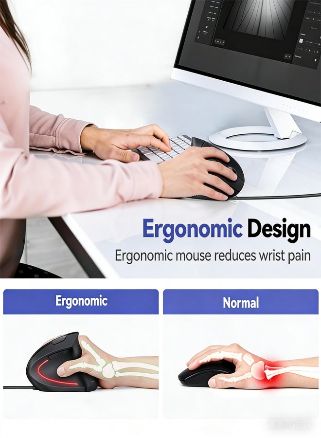 Wired Mouse, 6400 DPI Ergonomic Mouse 6 Buttons Silent Mice 4 Adjustable DPI Vertical Mouse Compatible with Windows/Chrome/Laptop/Computer - Image 3