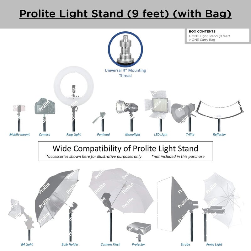 Pro-Lite حامل إضاءة ثقيل (9 أقدام) للإضاءة الدائرية، الفلاش، العاكس، الموزع، تصوير الاستوديو الفوتوغرافي والفيديو (قابل للحمل، قابل للطي مع حقيبة حمل) - Image 2