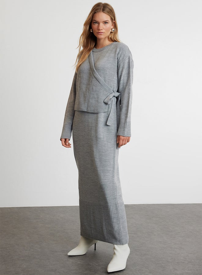 trendyol Gray Knitwear Cardigan Dress Bottom-Top Set TCTAW25US00000 - Image 1