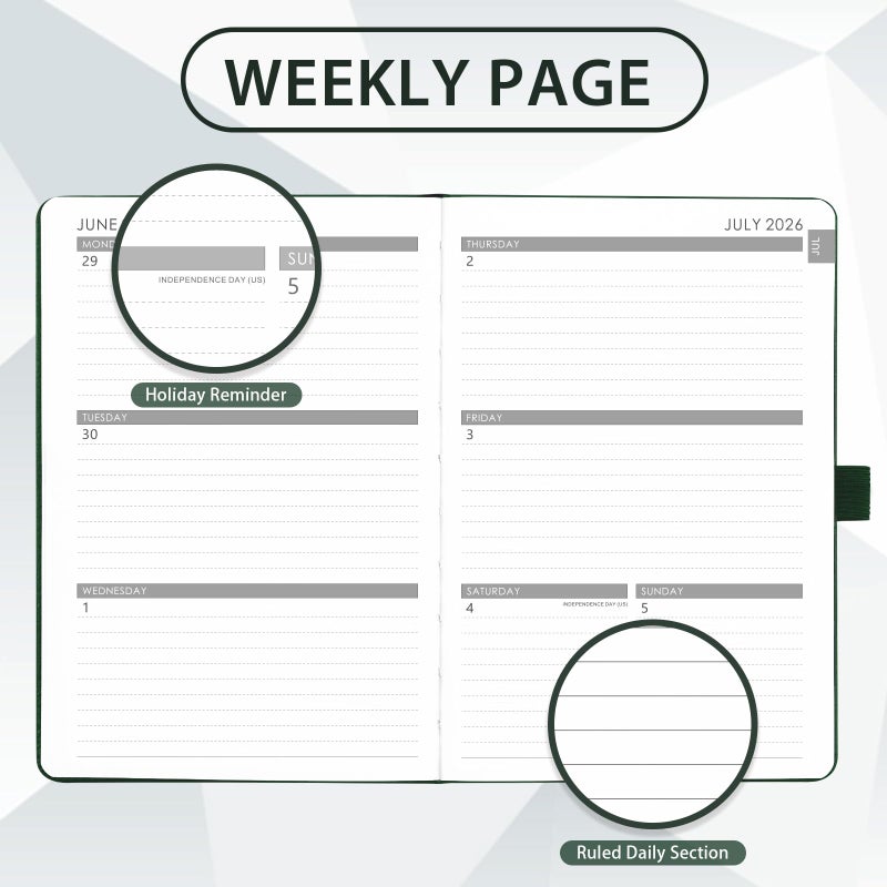 Libroter 2026-2027 Planner - Academic Planner 2026-2027 Weekly Monthly Planner, July 2026 - June 2027, 5.7'' x 8.4'', Thick Paper, Leather Cover, Pen Holder, Back Pocket, Perfect Daily Organizer - Dark Green - Image 3