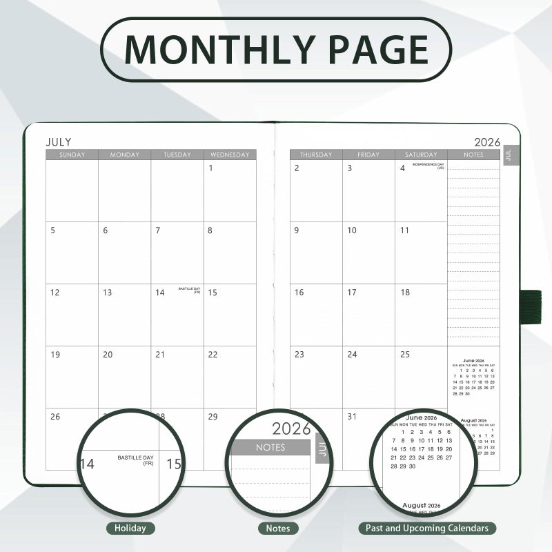 Libroter 2026-2027 Planner - Academic Planner 2026-2027 Weekly Monthly Planner, July 2026 - June 2027, 5.7'' x 8.4'', Thick Paper, Leather Cover, Pen Holder, Back Pocket, Perfect Daily Organizer - Dark Green - Image 4