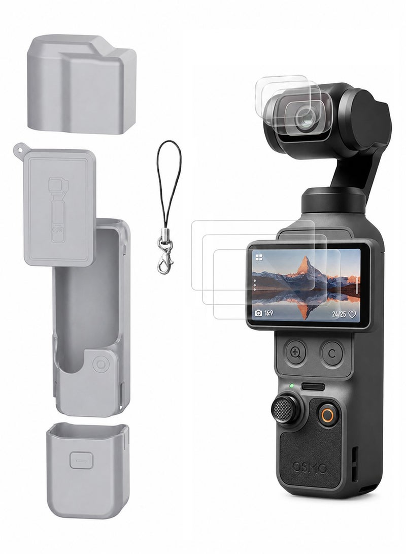 سجيت طقم ملحقات DJI OSMO جيب 4، غطاء حماية سيليكوني، واقي شاشة زجاجي مقسى، واقي عدسة (رمادي) - Image 1