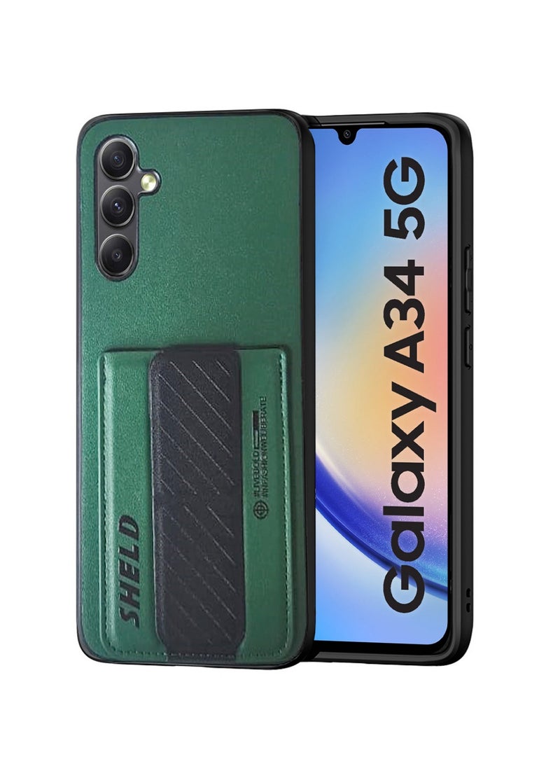 Techie Aesthetic Fashion Frosted Finished PU Leather Card Holder with Magnetic Secure Hand Grip Kickstand Back Cover Case for Samsung Galaxy A34 5G – Green /Black  - Image 1