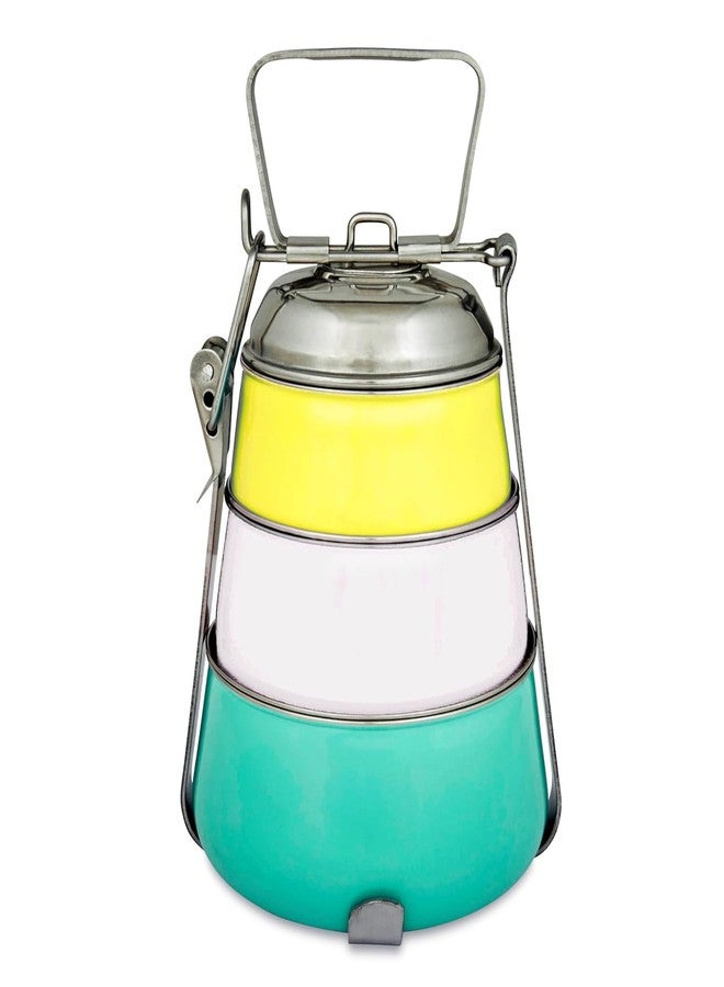 Elan 3 Tier Traditional Indian Lunch Box | Three Compartment Stainless Steel Tiffin Box for Office | Pyramid Shape Food Carrier for Men (Yellow-Ivory-Aqua, 3T) 3 Liters - Image 1