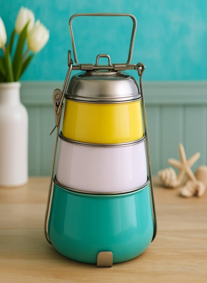 Elan 3 Tier Traditional Indian Lunch Box | Three Compartment Stainless Steel Tiffin Box for Office | Pyramid Shape Food Carrier for Men (Yellow-Ivory-Aqua, 3T) 3 Liters - Image 3