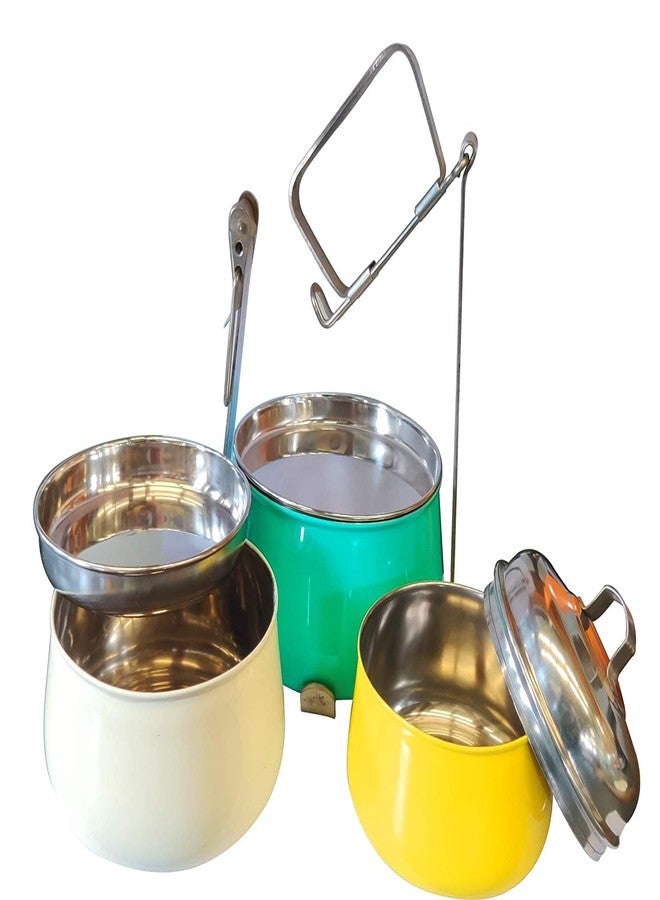 Elan 3 Tier Traditional Indian Lunch Box | Three Compartment Stainless Steel Tiffin Box for Office | Pyramid Shape Food Carrier for Men (Yellow-Ivory-Aqua, 3T) 3 Liters - Image 4