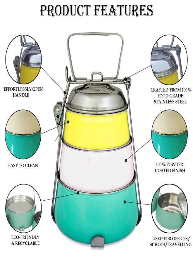 Elan 3 Tier Traditional Indian Lunch Box | Three Compartment Stainless Steel Tiffin Box for Office | Pyramid Shape Food Carrier for Men (Yellow-Ivory-Aqua, 3T) 3 Liters - Image 5