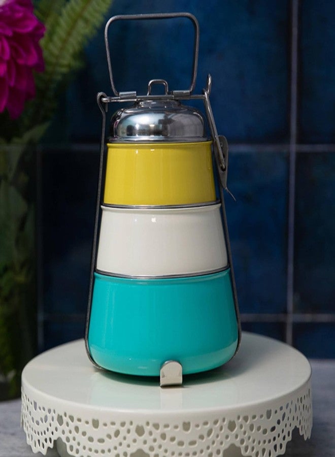 Elan 3 Tier Traditional Indian Lunch Box | Three Compartment Stainless Steel Tiffin Box for Office | Pyramid Shape Food Carrier for Men (Yellow-Ivory-Aqua, 3T) 3 Liters - Image 2