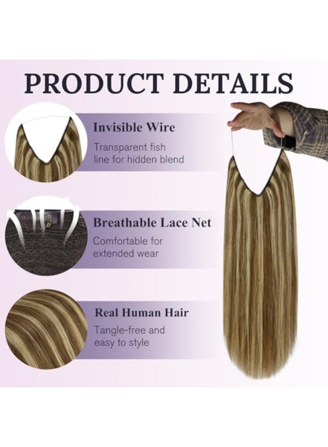 Fshine Invisible Wire Hair Extensions 16 Inch Olive Brown Highlight Honey Blonde Layered Hairpiece Transparent Fish Line Hair Extensions Full Head Remy Human Hair Clip ins 86 G - Image 3