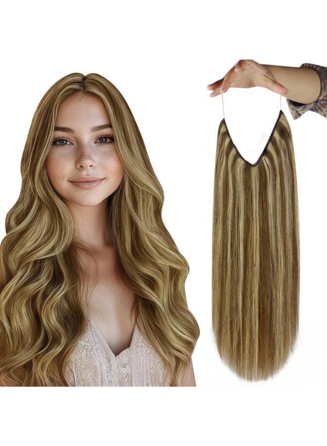 Fshine Invisible Wire Hair Extensions 16 Inch Olive Brown Highlight Honey Blonde Layered Hairpiece Transparent Fish Line Hair Extensions Full Head Remy Human Hair Clip ins 86 G - Image 2