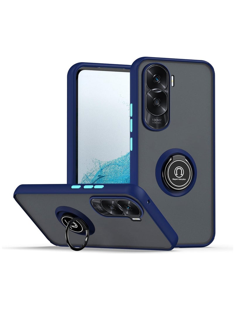 general 360 Case For Honor 90 Lite Rotational Metal Ring Grip Kickstand Cover Magnetic Car Mount Holder Case Shockproof Anti Fingerprint Case for Honor 90 Lite (Blue) - Image 1