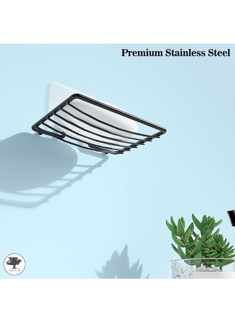 sulfar - Mild Steel Soap Dish Holder Shelf Adhesive Wall Mounted Sponge Holder Storage Saver Rack for Home Kitchen Bathroom Shower (Pack of 1) Black - Image 1