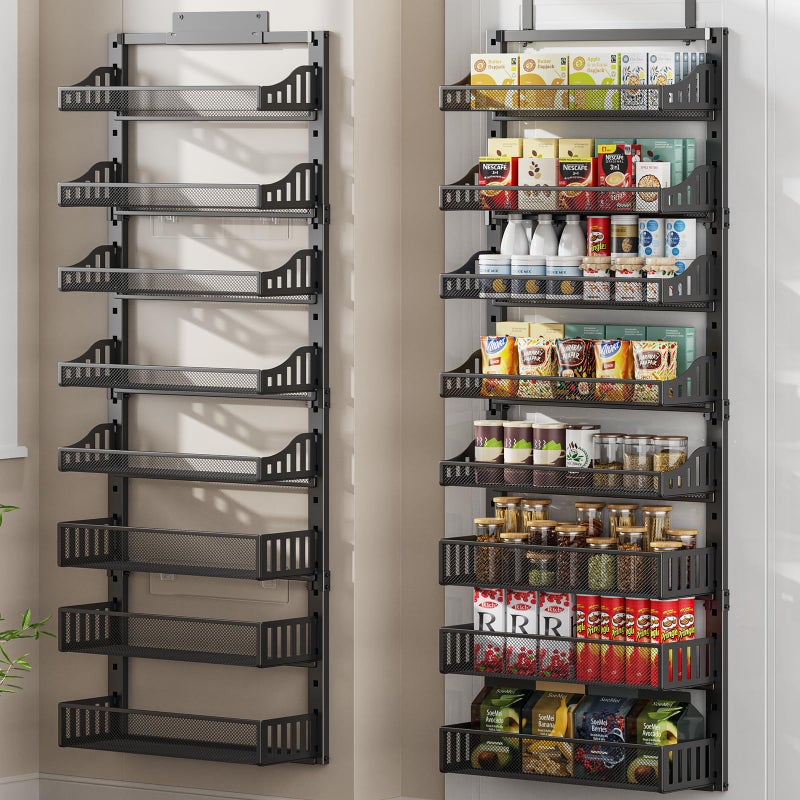 POKIPO 8-Tier Over the Door Pantry Organizer, Large Metal Door Spice Rack with Adjustable Basket, 2 in 1 Wall Mount or Hanging Heavy-Duty Pantry Door Storage Shelf for Kitchen and Bathroom, Black - Image 1