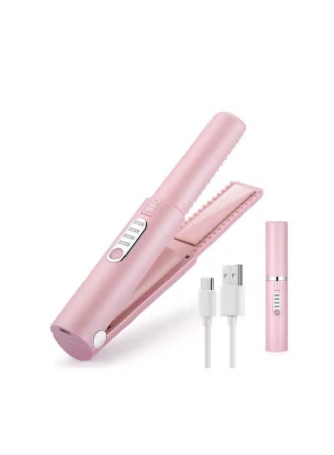 AirYoung Pink Wireless Mini 2-in-1 Hair Straightener & Curler, USB Rechargeable Portable Flat Iron with Adjustable Temperature & Safety Lock, Travel & Home Styling Tool (with Storage Pouch) - Image 1