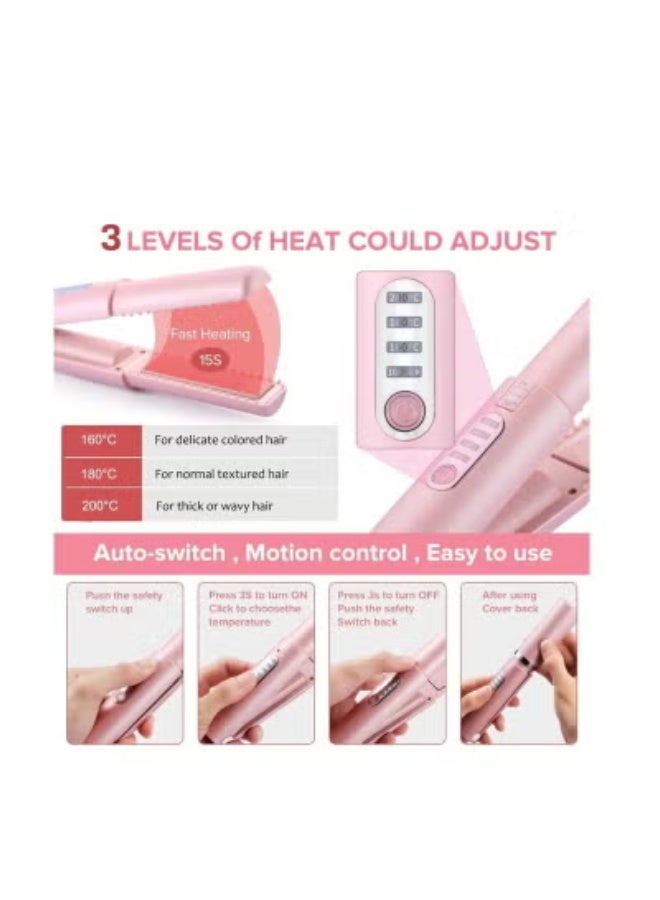 AirYoung Pink Wireless Mini 2-in-1 Hair Straightener & Curler, USB Rechargeable Portable Flat Iron with Adjustable Temperature & Safety Lock, Travel & Home Styling Tool (with Storage Pouch) - Image 2