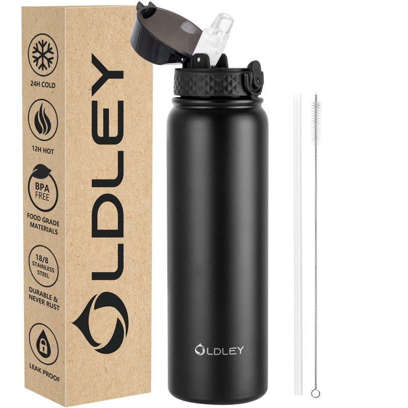OLDLEY Stainless Steel Water Bottle with Straw 1L Vaccum Insulated Large Drink Flask Metal Water Bottles 1 Litre Leakproof Keep Drinks Hot Cold for Bike Sports Gym Adult Women MenBlack1 Lid