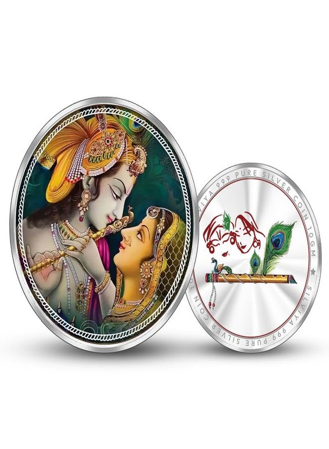 Silviya BIS Hallmarked Radha Krishna with Mor Pankh 999 Pure Silver Coin (10 Gram) Round Shape: Divine Love Couple - Hinduism - Vrindavan - Janmashtami Puja Gift - Image 1