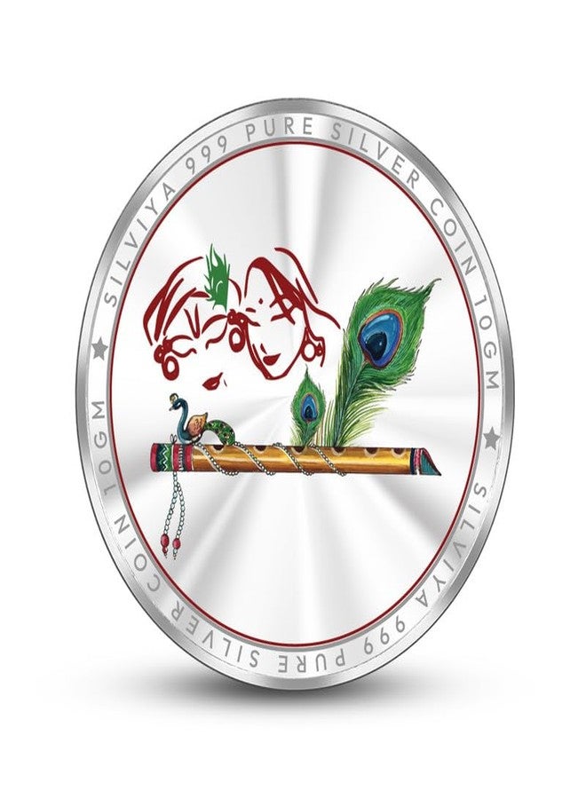 Silviya BIS Hallmarked Radha Krishna with Mor Pankh 999 Pure Silver Coin (10 Gram) Round Shape: Divine Love Couple - Hinduism - Vrindavan - Janmashtami Puja Gift - Image 3