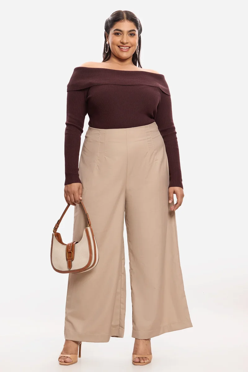 فيرجيو Solid Cotton High Rise Wide Leg Plus Size Trousers for Women