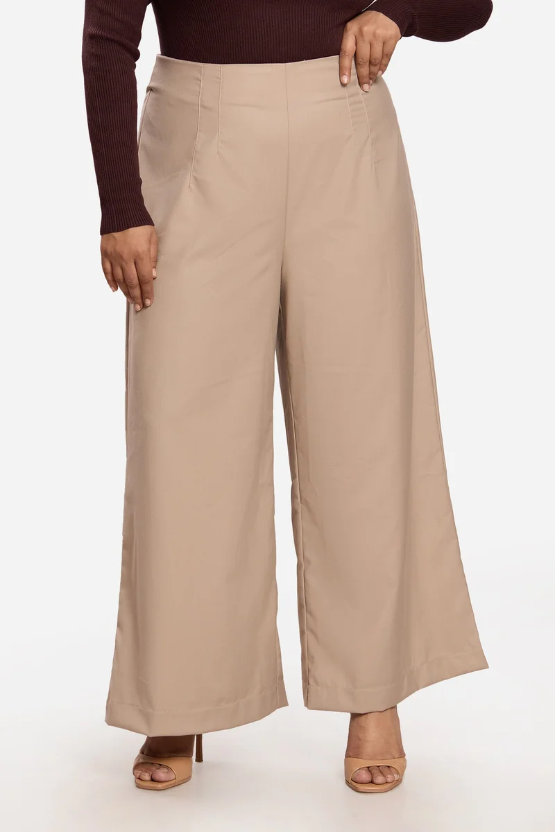 فيرجيو Solid Cotton High Rise Wide Leg Plus Size Trousers for Women