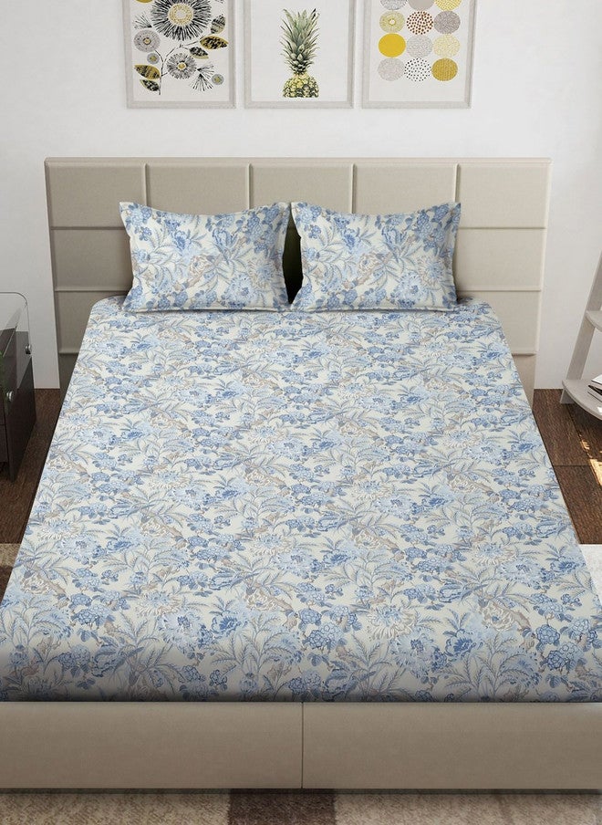 Arrabi Blue Floral Polycotton 300 TC King Fine Bedsheet with 2 Pillow Covers - 250 x 215 cm - Image 2