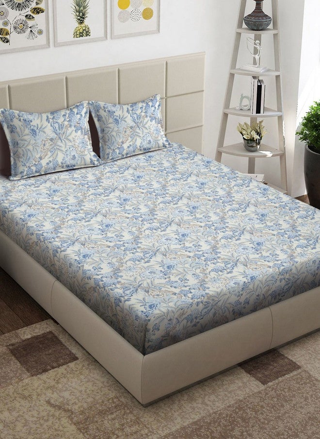 Arrabi Blue Floral Polycotton 300 TC King Fine Bedsheet with 2 Pillow Covers - 250 x 215 cm - Image 1