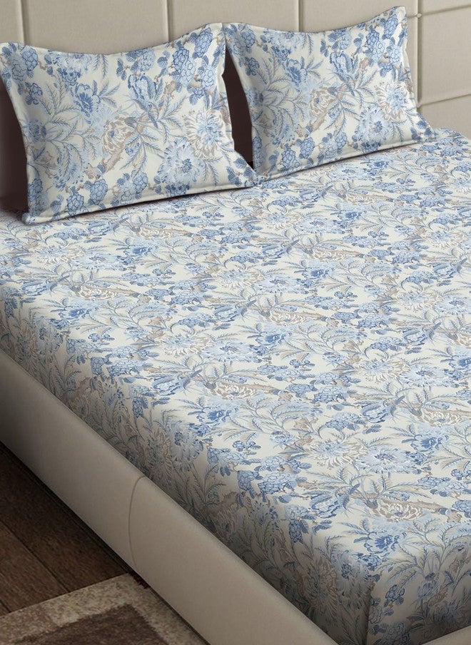Arrabi Blue Floral Polycotton 300 TC King Fine Bedsheet with 2 Pillow Covers - 250 x 215 cm - Image 3