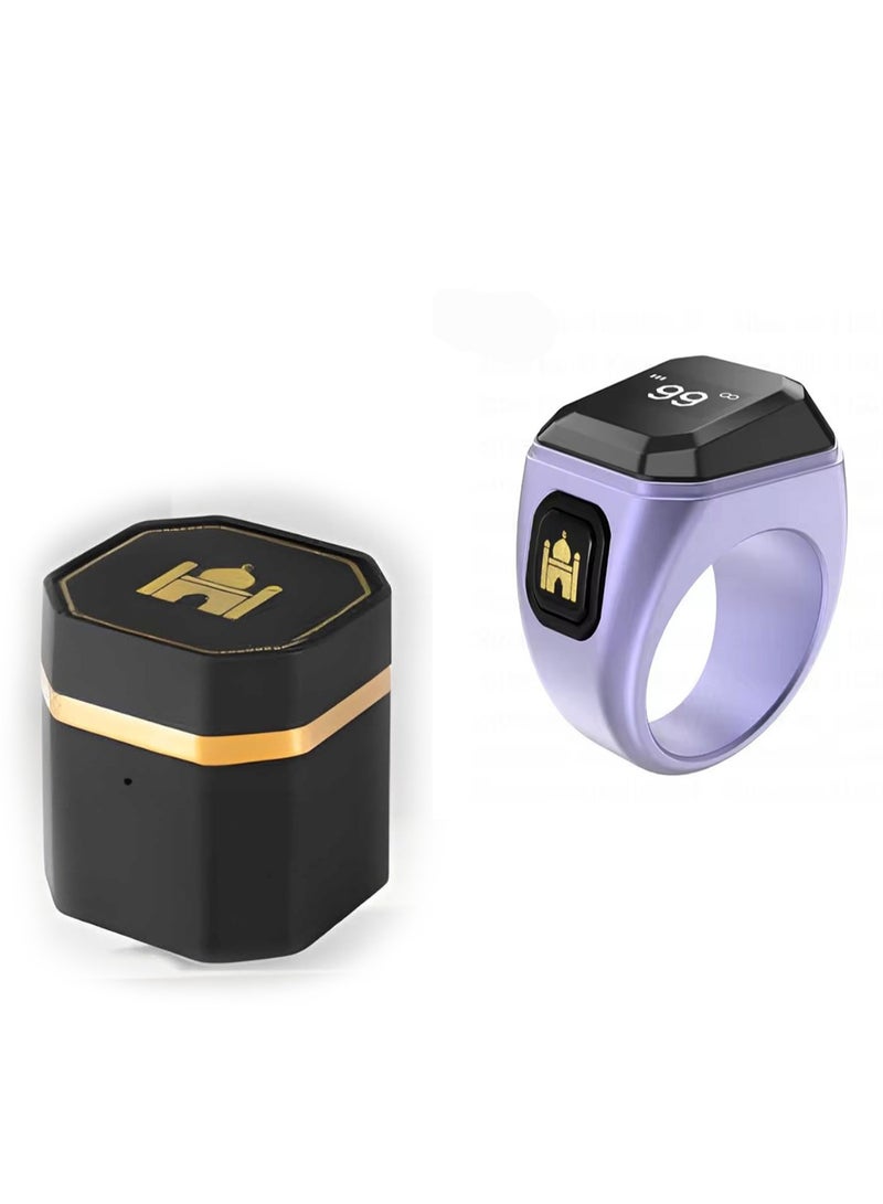 بستوش خاتم ذكي من سبائك الزنك المعدني للذكر والتسبيح – عداد تسبيح رقمي مع بلوتوث، تذكير بمواقيت الصلوات الخمس، شاشة OLED، تنبيهات بالاهتزاز، وحافظة شحن قابلة لإعادة الشحن - مقاس 20مم - Image 1