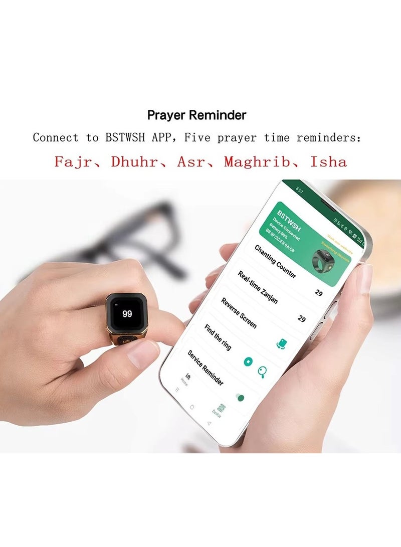 بستوش خاتم ذكي من سبائك الزنك المعدني للذكر والتسبيح – عداد تسبيح رقمي مع بلوتوث، تذكير بمواقيت الصلوات الخمس، شاشة OLED، تنبيهات بالاهتزاز، وحافظة شحن قابلة لإعادة الشحن - مقاس 20مم - Image 5