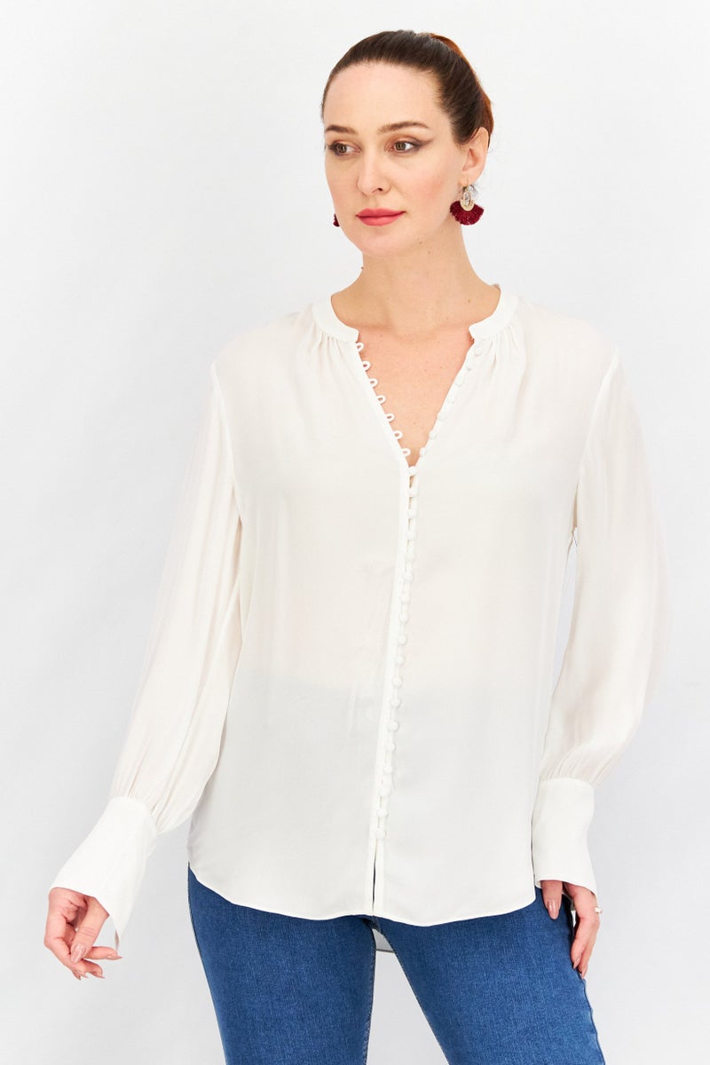 joie Women Band Collar Neck Long Sleeve Plain Top, Ivory - Image 1