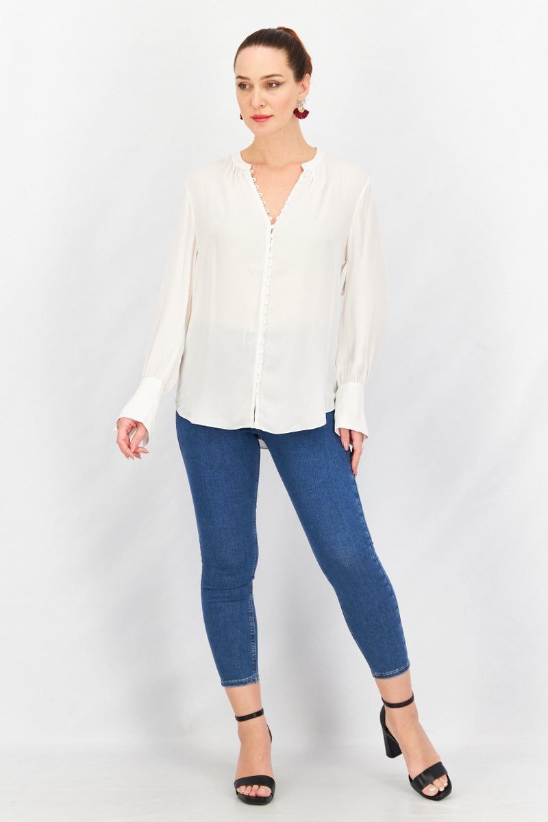 joie Women Band Collar Neck Long Sleeve Plain Top, Ivory - Image 3