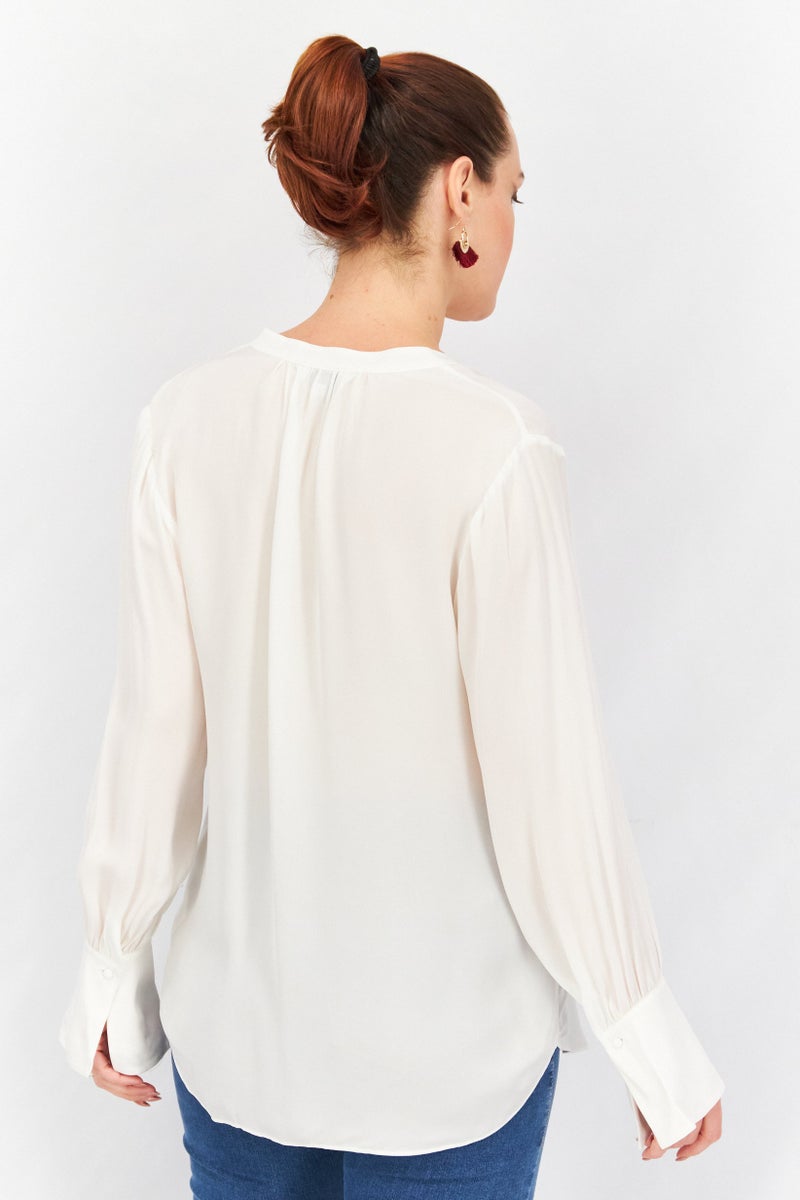 joie Women Band Collar Neck Long Sleeve Plain Top, Ivory - Image 4