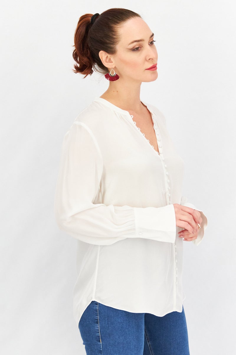 joie Women Band Collar Neck Long Sleeve Plain Top, Ivory - Image 2