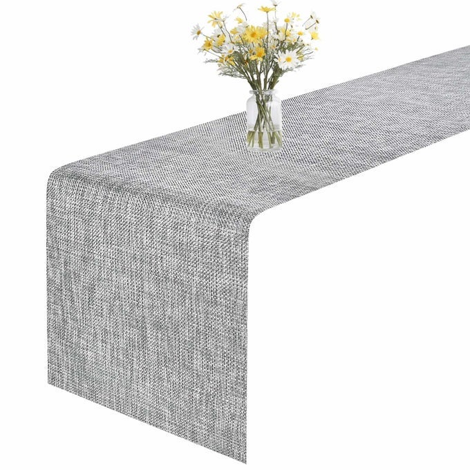 TABLE RUNNER 12X72IN HEATRESISTANT WOVEN VINYL LONG TABLETOP NONSLIP WASHABLE PVC TABLE RUNNERS EASY TO CLEAN PREMIUM PLASTIC DRESSER COVER FOR WEDDING DECOR HOME SMOKE GRAY