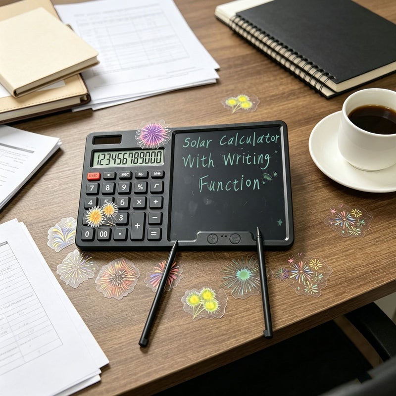 آلة حاسبة شمسية متعددة الوظائف مع لوحة كتابة قابلة للمسح، ملصقات بيضاء شفافة على شكل ألعاب نارية، للمكتب والدراسة والمحاسبة، شاشة كبيرة محمولة، إدارة الوقت والمالية - Image 4